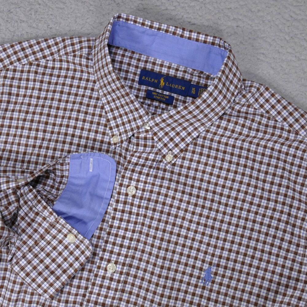 Polo ralph Lauren Shirt Mens XL Brown Blue Plaid Button Down Long Sleeve